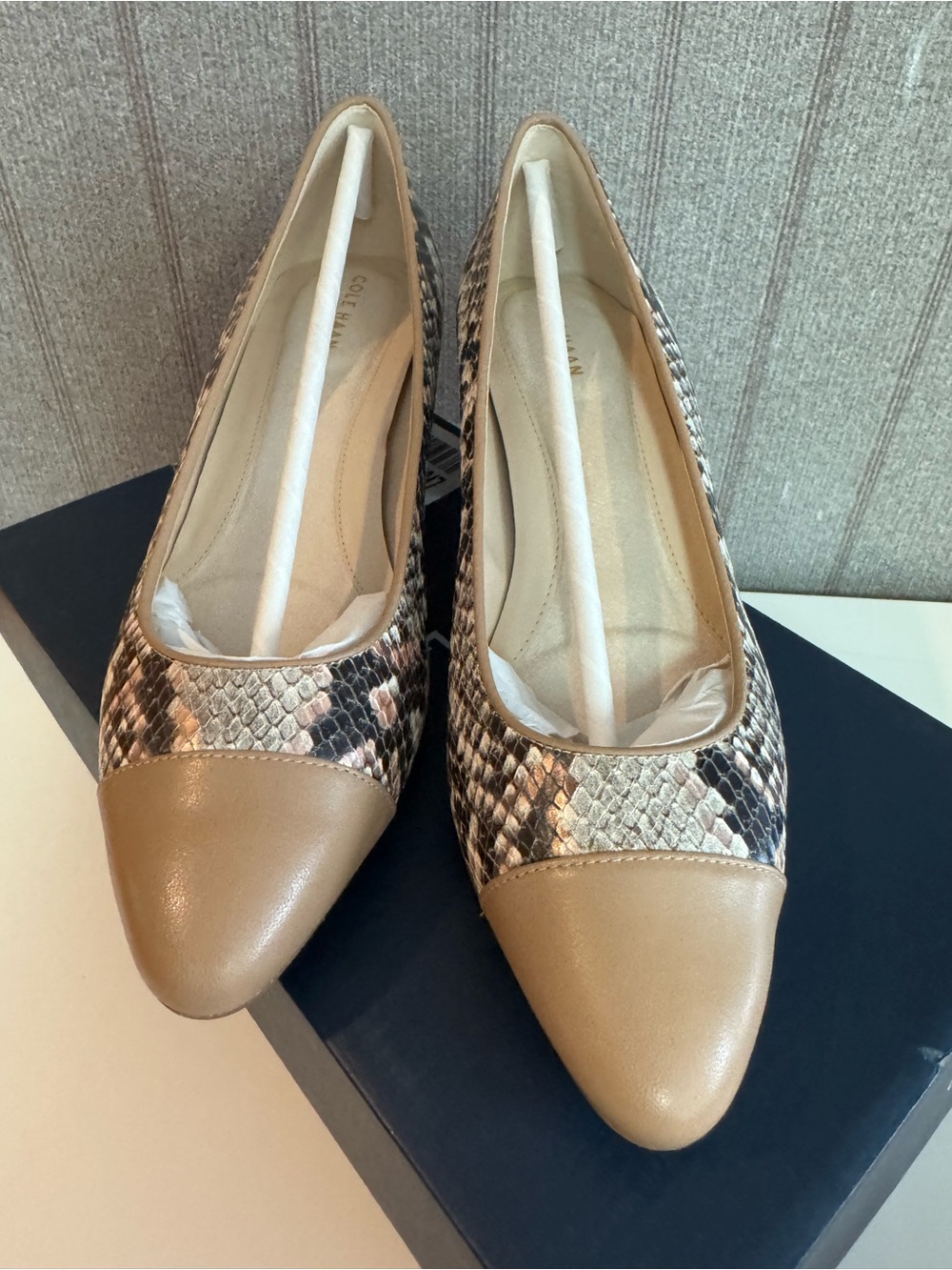 Cole Haan Snake-Print Block Heel Pumps with Taupe Cap Toe - Picture 2 of 6